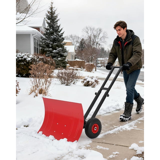 Royalbelle Red Black 29x19 Inch Snow Shovel with Wheels, Steel Blade