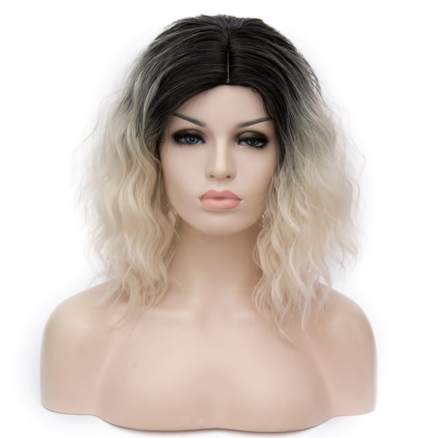 Peluca de cabello humano Unique Bargains 14' Negro Blanco rizado