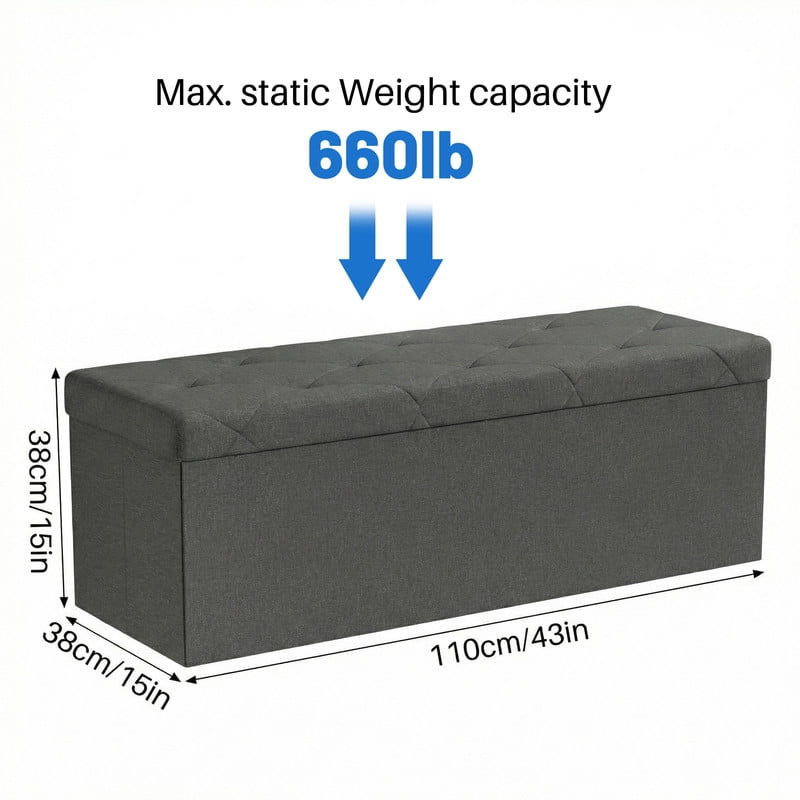 Gianna 43 Inch Folding Ottoman With Storage Bench, Bedside Storage Bench With Linen Top Cover and Cushion, Footrest Suitable for Bedroom, Living Room, Gray