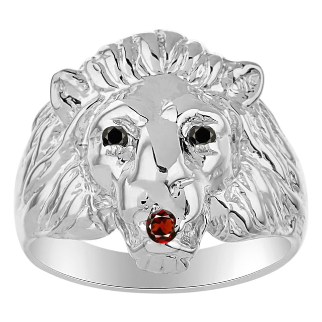 RYLOS Rings Sterling Silver Lion Head Ring Black Diamonds Eyes & Gemstone Mouth Fun Designer Rings Garnet Jewelry Size 8