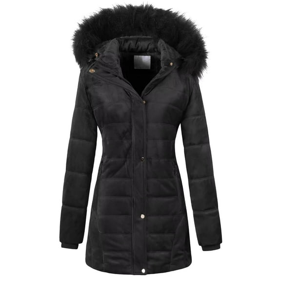 Chrisuno Women's Winter Coat Warm Puffer Quilted Military Parka Jacket With Trim Hood S Black