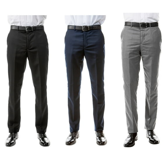 Azzuro Men's 3-Pack of Neutral Color Dress Pants: Black, Navy, Mid Grey