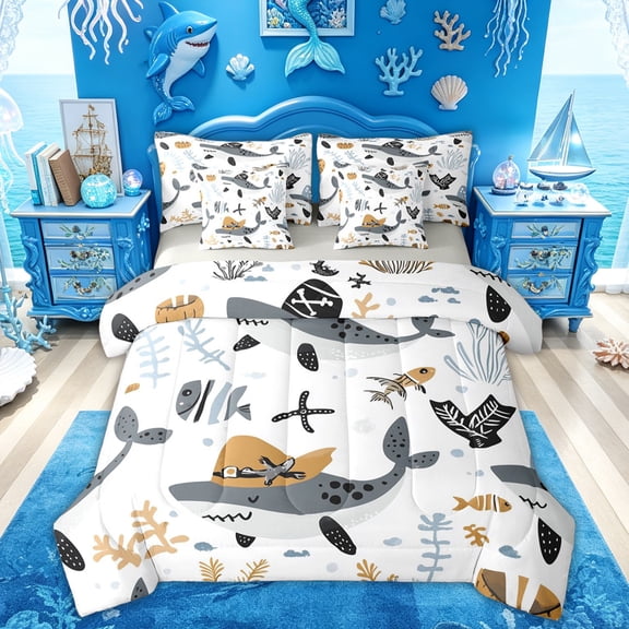 Feelyou Whale Shark Sea Animal Bedding Comforter Set for Kids Boys Girls, Ocean Coral Wildlife Full Bedding Set, Grey White, Grey Reversible, 7pcs