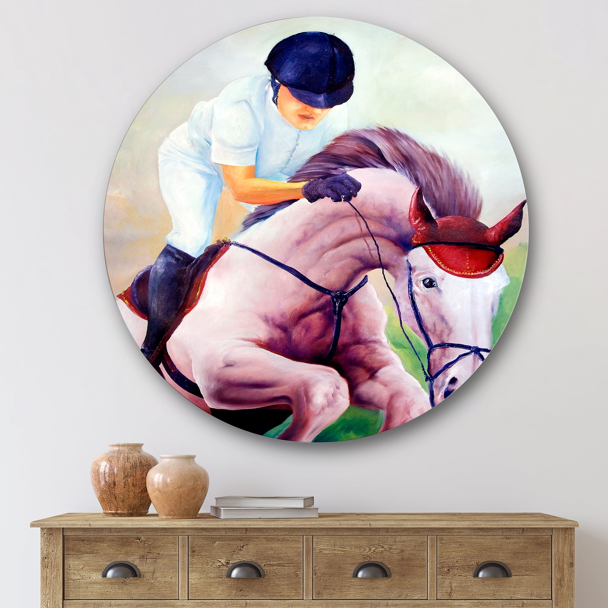 Designart 'Jockey On Galoping Pink Horse' Farmhouse Circle Metal Wall Art 36x36 - Disc of 36
