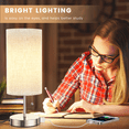 Table Lamp with 2 USB Charging Ports and Fabric Linen Lampshade Silver Base for Living Room, Dorm, Home Office