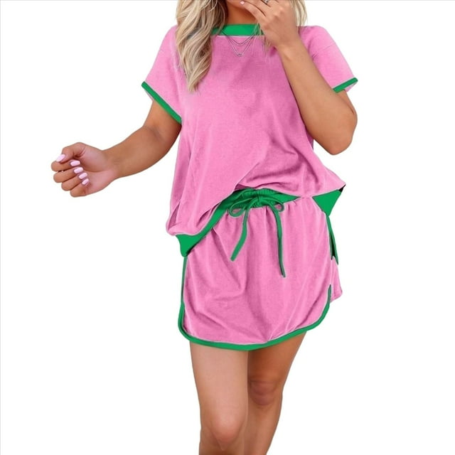Conjunto de Dos Piezas para Mujer, Jersey Informal de Corta, Pantalones Cortos A Juego, Chándal, Rosa, Talla M