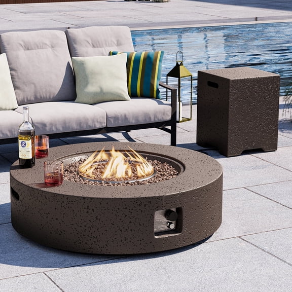 VENTOPYR 40.5-inch Outdoor Propane Fire Pit Coffee Table w Concrete Round Base Patio Heater, 50,000 BTU Stainless Steel Burner, Free Lava Rocks, Rain Cover, Tank Cover
