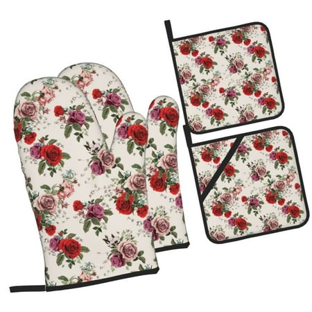 

Zeuib Rose Flowers Oven Mitts and Potholders BBQ Gloves Kitchen Oven Glove High Heat Resistant 500 Degree Extra Long Oven Mitts and Potholder with Non-Slip Silicone Surface for Cooking