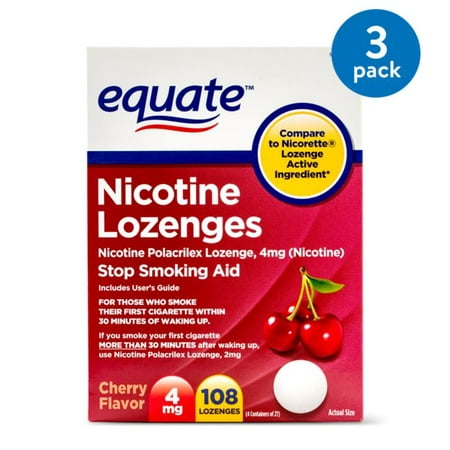 (3 Pack) Equate Nicotine Lozenges Stop Smoking Aid Cherry Flavor, 4 mg, 108