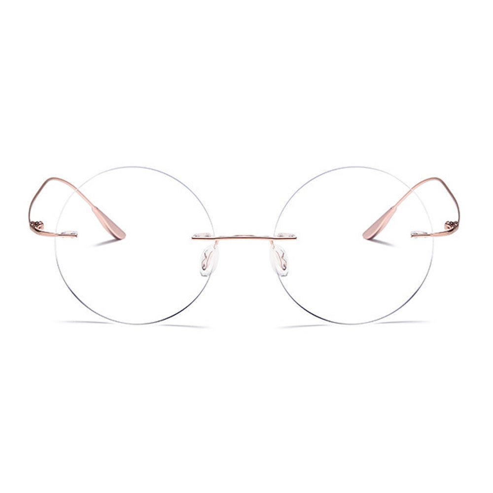 Rose Gold Oversized Round Lightweight Screw-Free Reading Glasses 2.50 Titanium Alloy Anti-Blue Light Rimless Readers +2.50 Strength