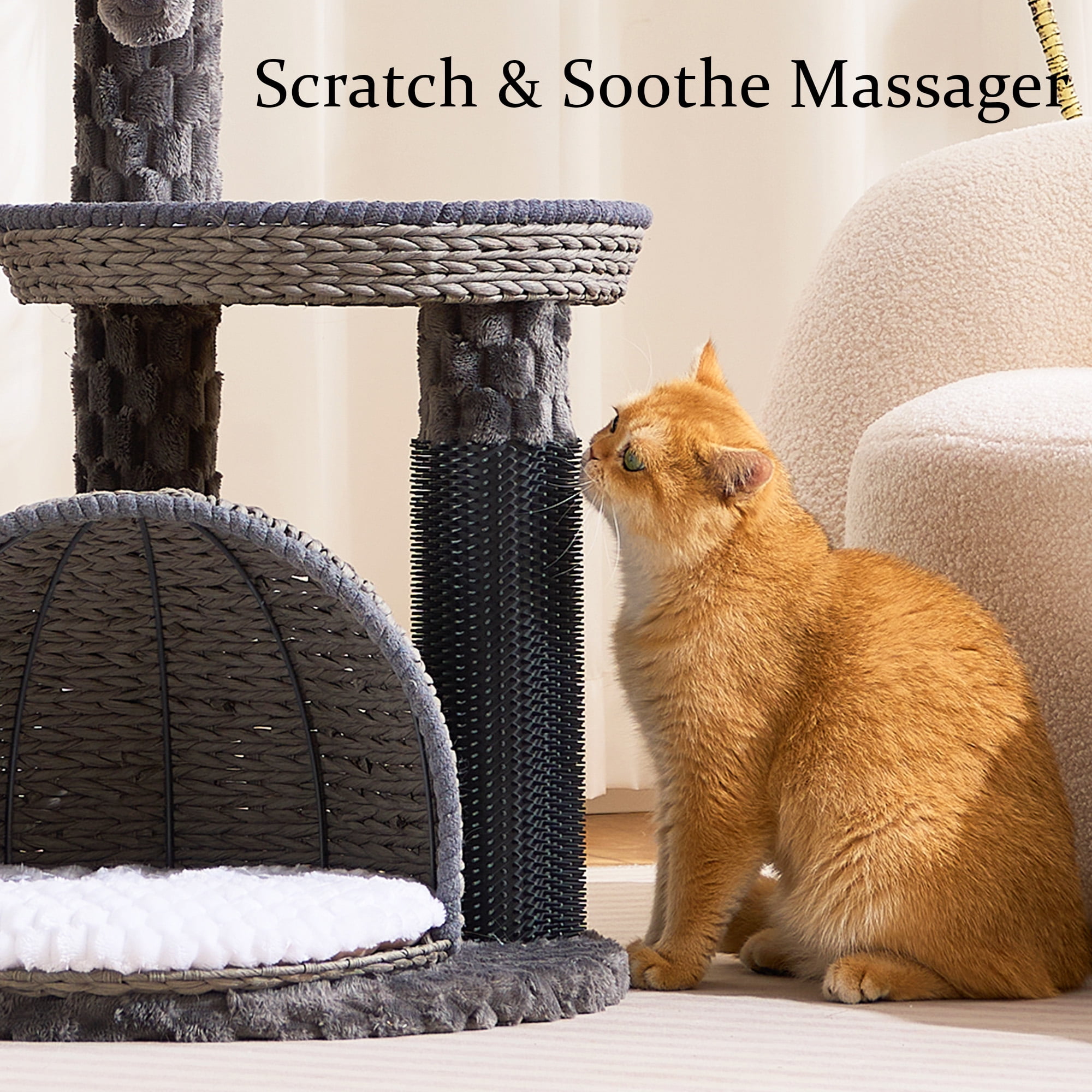 Wood Modern Cat Tree for Large Cat, 46" Tall Cat Tower with Sisal Scratching Posts, Cat Condo, Aesthetic Multi-Level Cat Climbing Tree with Hand-Woven Bed for Adult Indoor Cats-Blue