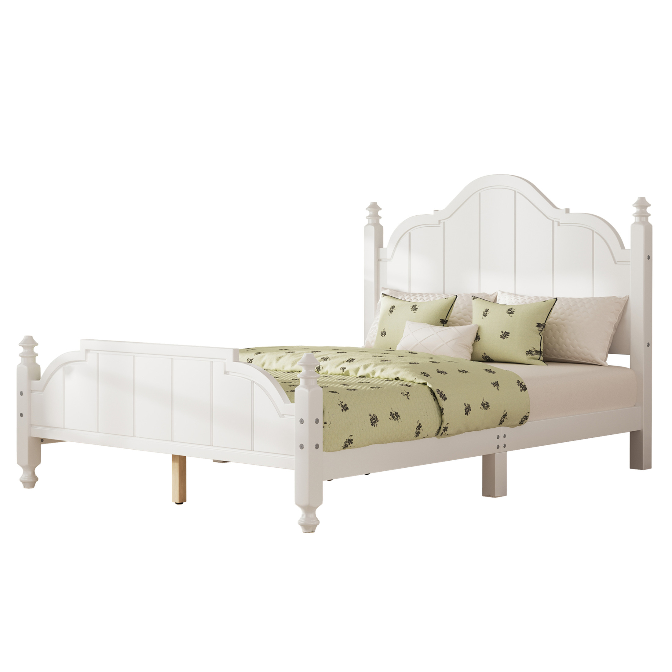 Noble House Full Bed Frame with Headboard, Vintage Wooden Platform Bed with Slat Support, White