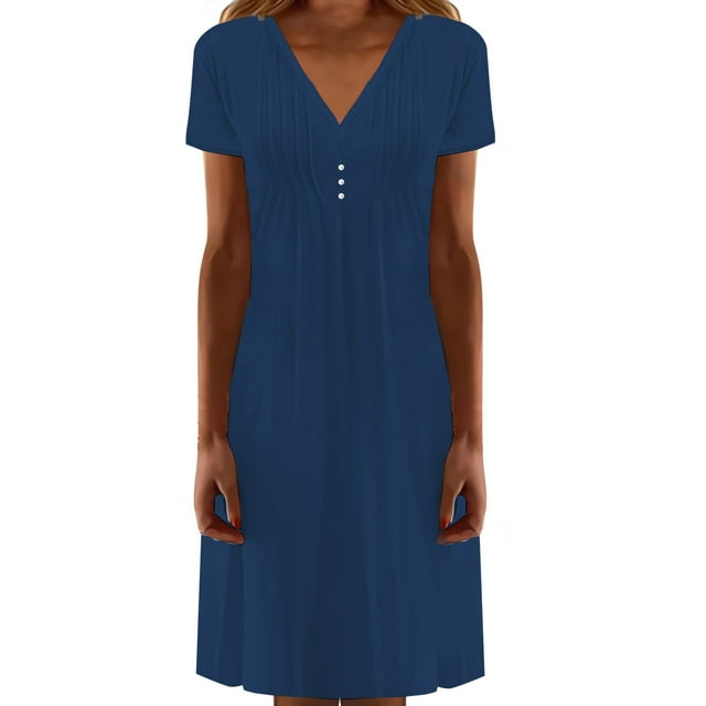 WILLBEST Robe Courte Femme Col en V Décontractée Plissée Boutonnée Couleur Unie Manches Courtes