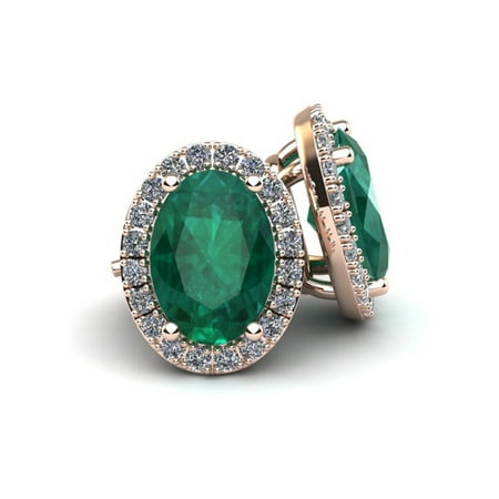 1 Carat Oval Shape Emerald and Halo Diamond Stud Earrings In 10 Karat Rose Gold