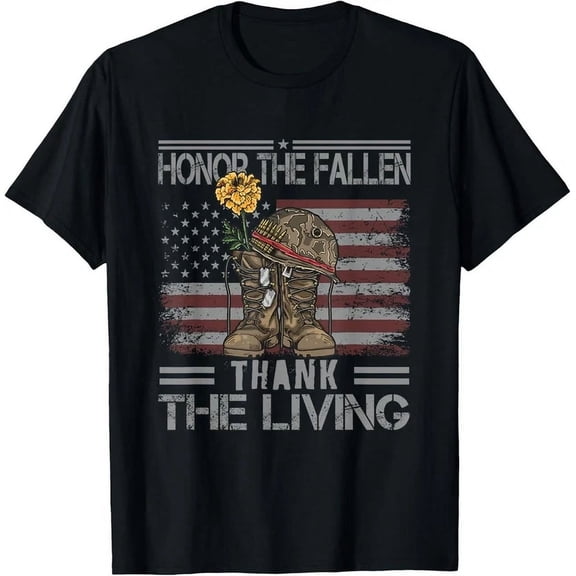 Honor The Fallen Thank The Living Patriotic Military Veteran Men's T-Shirt Retro American Flag Soldier Memorial Day Graphic Tee