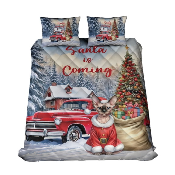 Santa is Coming Sphynx Merry Christmas Xmas Noel Truck Tree Quilt Bedding Set Cat Lover Kitten Owner Gifts Idea 1 Blanket Bed Cover 2 Pillowcases - 02023