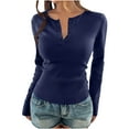 thumbnail image 3 of BiZtdJrK Long Sleeve Shirt for Women Ribbed Knit Button Henley Shirts Slim Fit Cropped Tee Tops Lightweight Yoga Workout Tees Navy M, 3 of 9