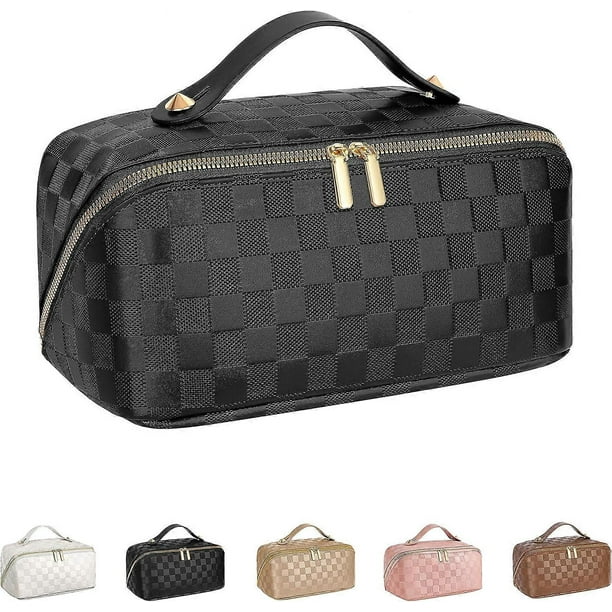 Large Capacity Travel Cosmetic Bag - Portable Makeup Bags for Women Travel Toiletry Bag Waterproof Leather Checkered Makeup Organizer Bag, Roomy Cosme