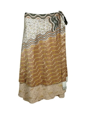 Mogul Women Beige Wrap Skirt 2 Layer Printed Indian Vintage Sari Reversible Beach Wear Wrap Around Skirts