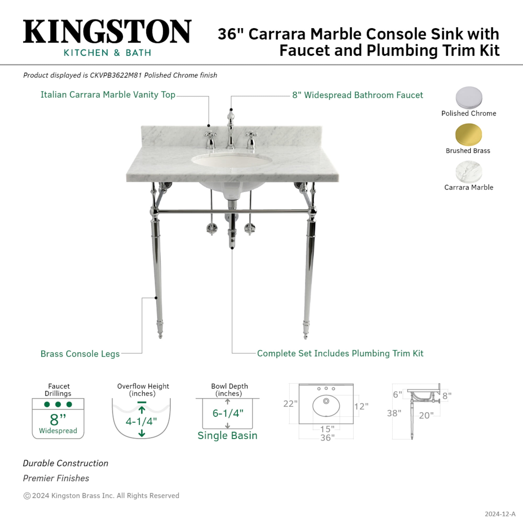 Kingston Brass CKVPB3622M87 Edwardian 36" Carrara Marble Console Sink Set with Widespread Bathroom Faucet and Plumbing Trim Kit (8-Inch, 3-Hole), Carrara Marble White/Brushed Brass