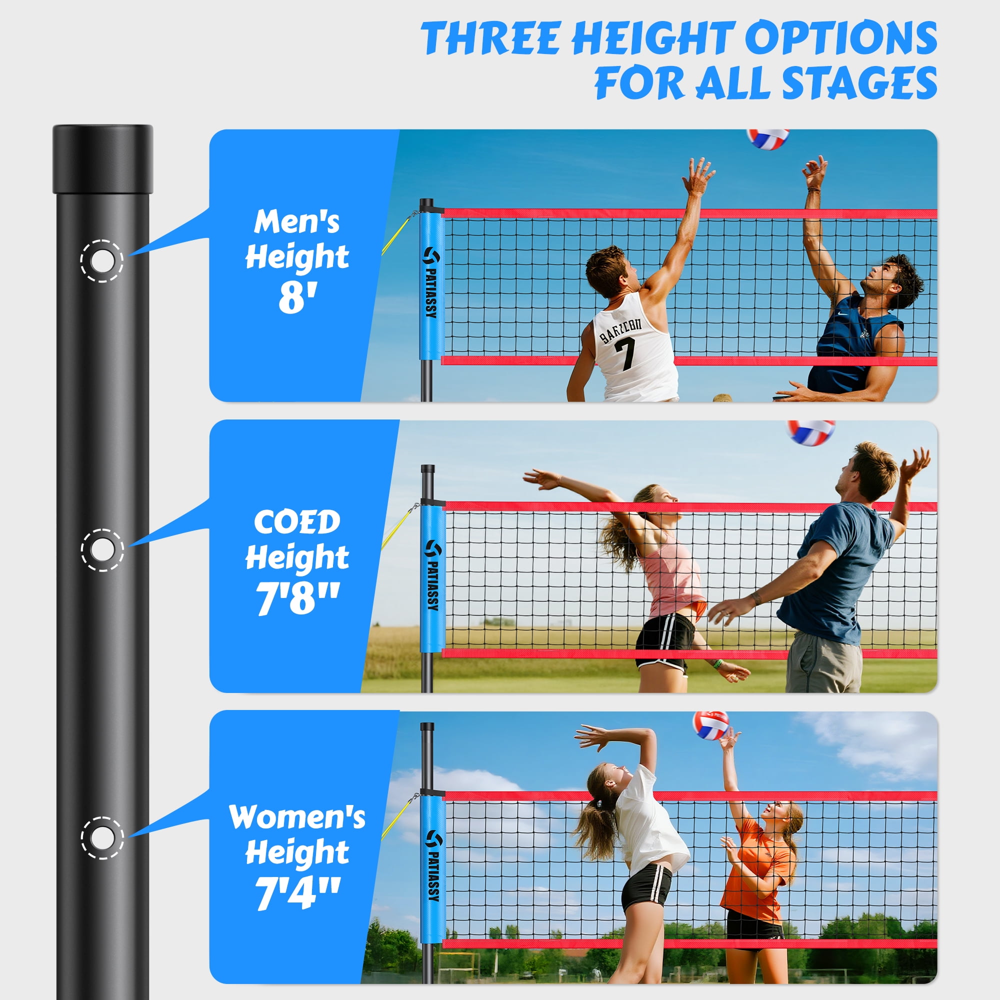 Patiassy Adjustable Height & Width Portable Volleyball Net Set with Rust-Resistant Steel Poles, Scoreboard, Ball & Carry Bag for Backyard, Beach & Outdoor