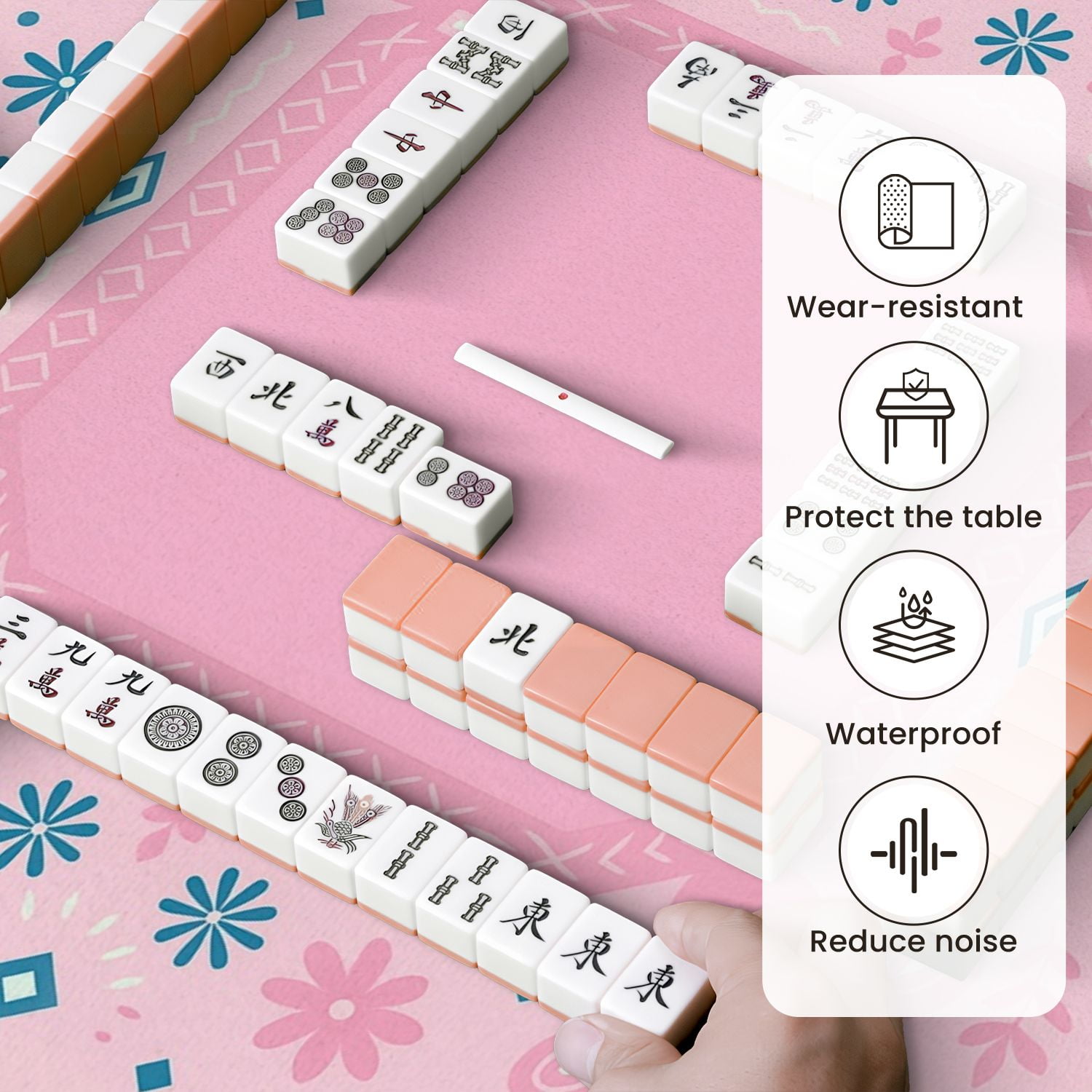 Mahjong Mat 31.5" x 31.5" Pink Peacock Floral Geometric Shapes Decorative Elements Anti-Slip and Noise Reduction Symmetry Design Mahjong Tiles Table Cover for Dominoes Poker Card Board and Tile Games