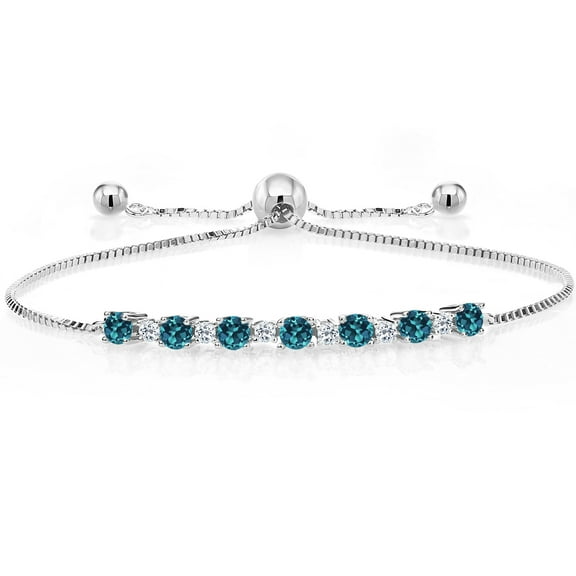 Gem Stone King 925 Sterling Silver Round London Blue Topaz and White Topaz Tennis Bracelet for Women (1.06 Cttw, Gemstone Birthstone, Fully Adjustable up to 9 inch)