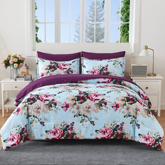 Flymme Floral Comforter Set Queen Size,7 Piece Queen Bed in a Bag Vintage Rose Print Comforter with Sheet Set, Soft Microfiber Complete Bedding Sets for All Season