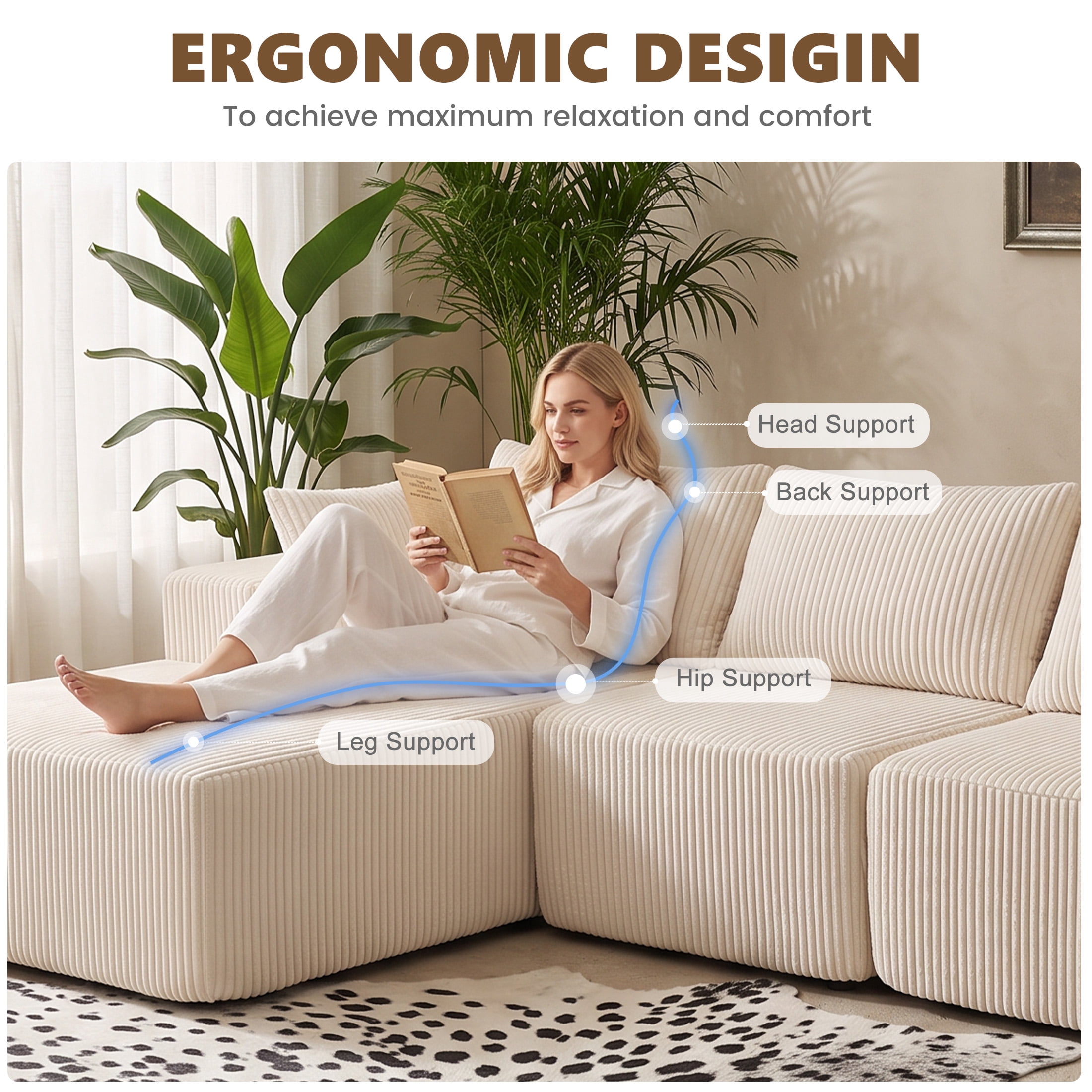 edx 108" Convertible Sectional Couches Comfy Fluffy 4 Seat Memory Foam Sectional Sofa Upholstered Couches for Living Room Bedroom,No Assembly Required,(Left Facing Chaise) Beige