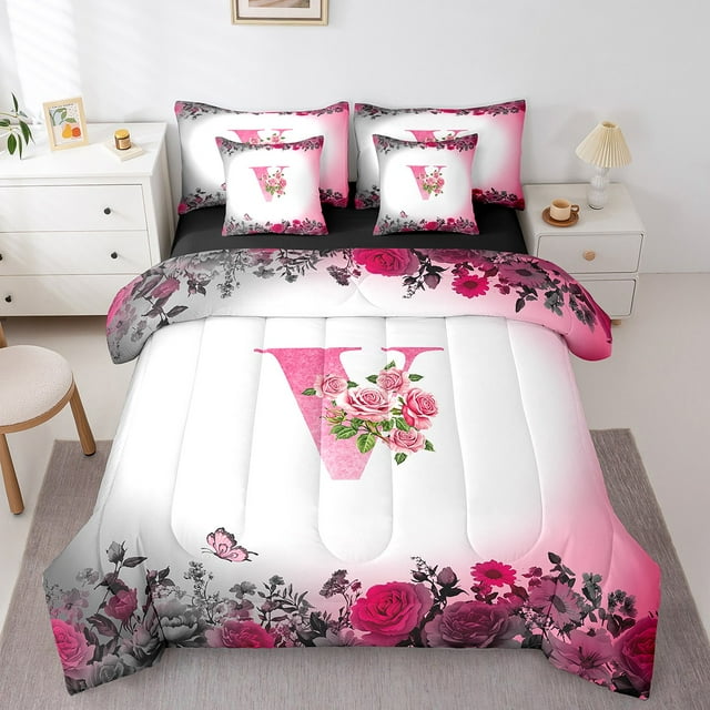 Erosebridal Letter Initial Bedding Sets Twin Size,Monogrammed Personalized Comforter Sets with Sheets,Flower Decor,Reversible,Breathable,7-Piece