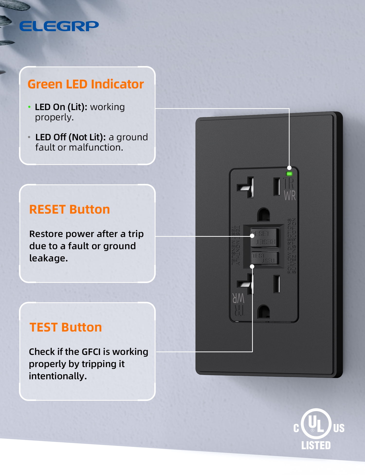 ELEGRP GFCI Outlet Outdoor, 20 Amp Electrical Outlet, Weather & Tamper Resistant GFCI Receptacle, Ground Fault Receptacle with Screwless Wall Plate, UL Listed, Black 3PC