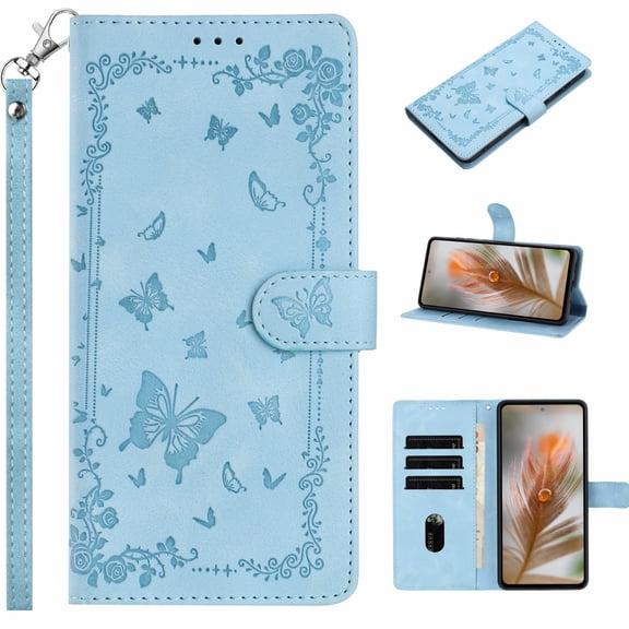 for Samsung Galaxy A17 5G Wallet Case with Card Slots Cash Pocket, 2 in 1 PU Kickstand Faux Leather Phone Cover Magnetic Flip Phone Case, Sturdy & Shockproof Phone Case with Wrist Strap - Lightblue
