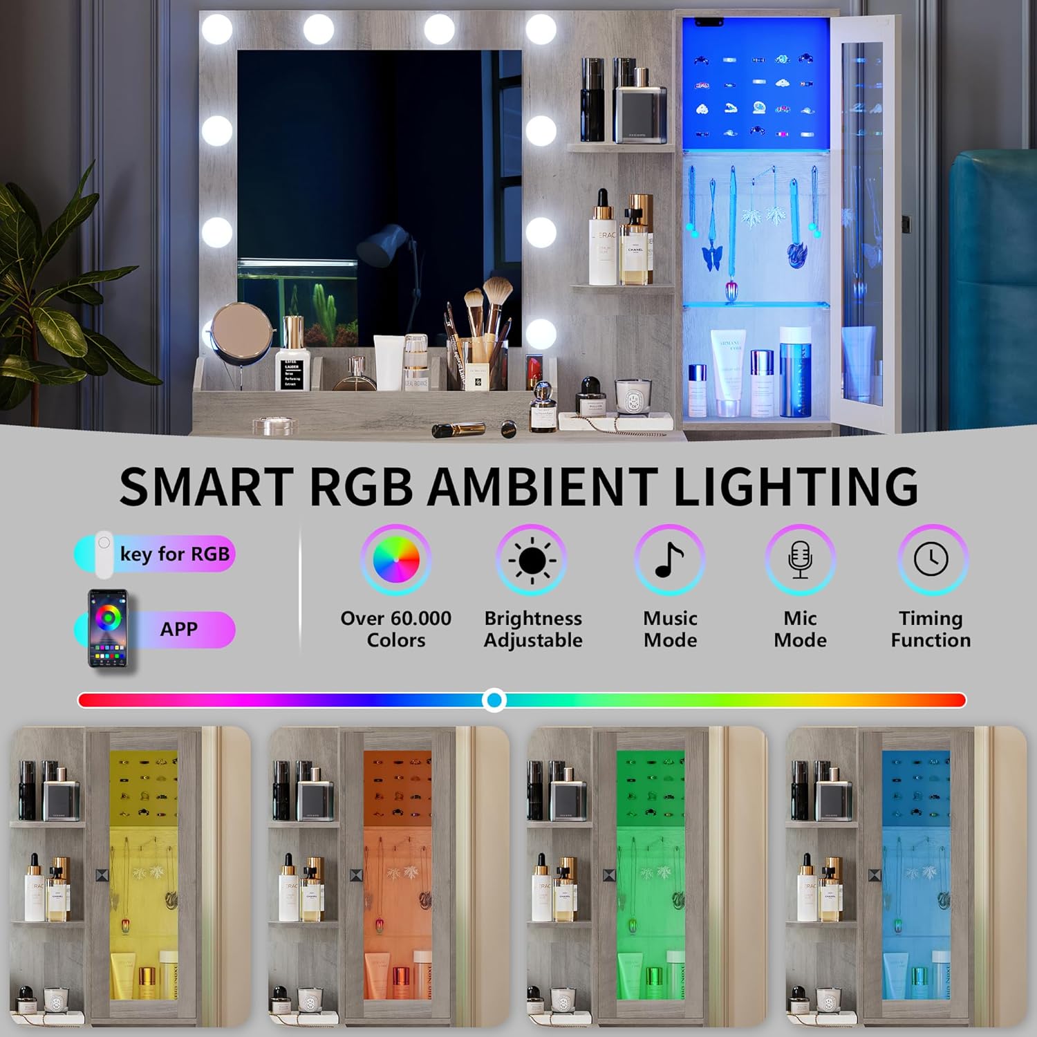 FANRAL Vanity Desk with RGB Ambient Light,LED Mirror & Charging Station,Small Dressing Table with Glass Cabinet & Ample Storage for Bedroom Grooming,Gray Vanity