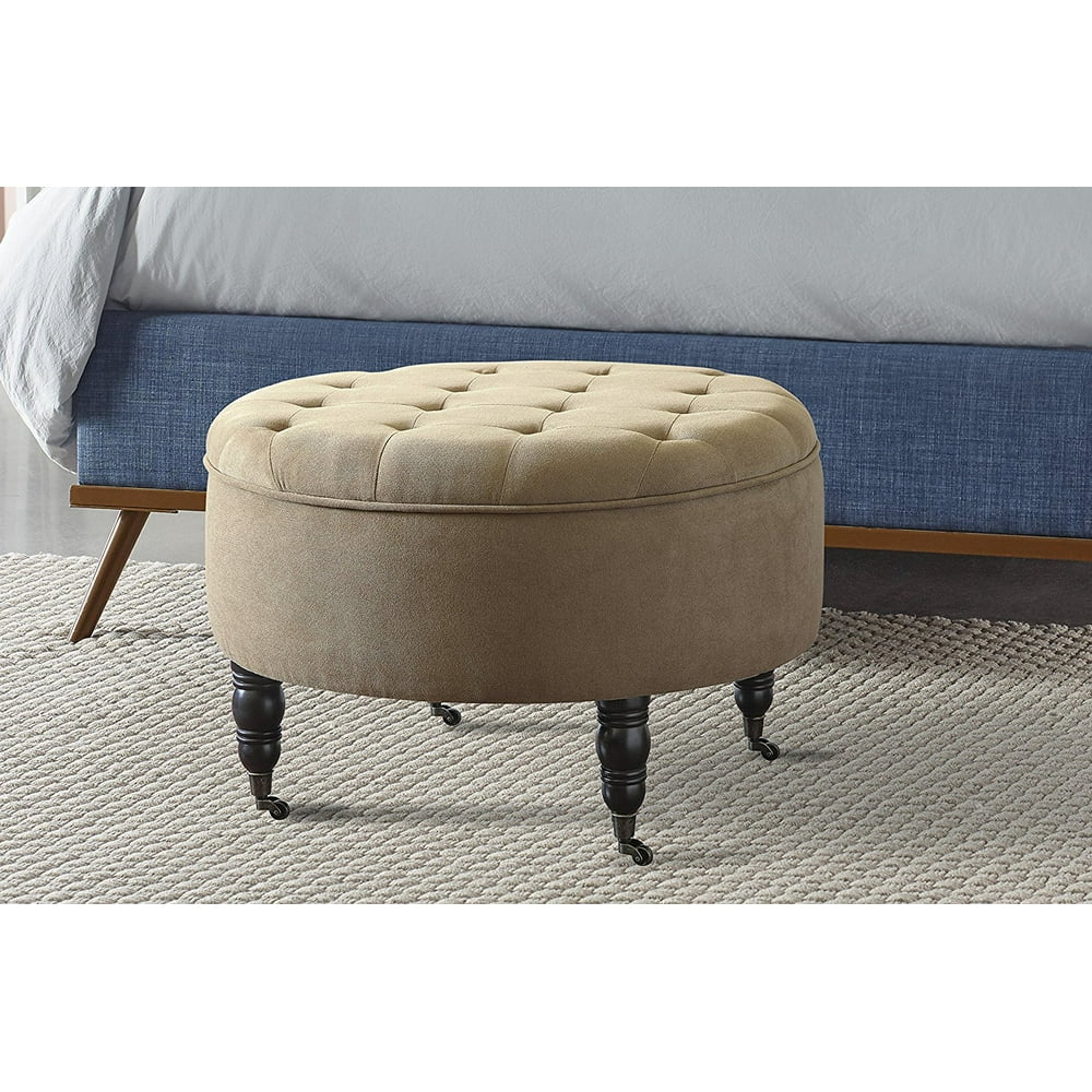 Elle Decor Quinn Round Tufted Ottoman with Storage and Casters Beige