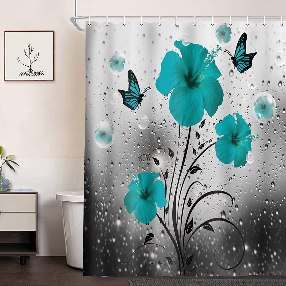 Teal Gray Floral Flower Shower Curtain, Rustic Farmhouse Butterflies Fabric Shower Curtain Accessories, Turquoise Decorations Bathroom Set Decor,Cute Bubbles Modern Bathroom Curtain, 54X70in