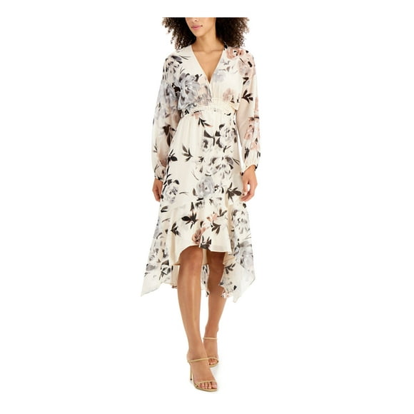 TAYLOR Womens Pink Gathered Floral Blouson Sleeve V Neck Maxi Cocktail Hi-Lo Dress Petites 4P