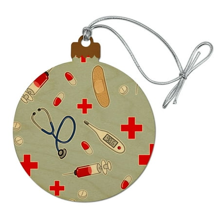 Nurse Doctor Pattern Healthcare Stethoscope Thermometer Wood Christmas Tree Holiday