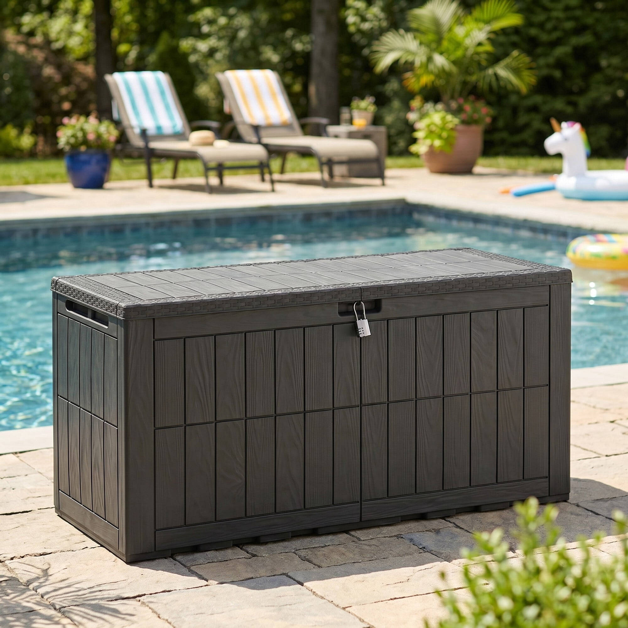 Uforic 134 Gallon Waterproof Outdoor Storage Box with Lock, Resin Deck Box with Hydraulic Support, Weatherproof Storage Bin for Patio Cushions Garden Tools Pool Supplies, Black