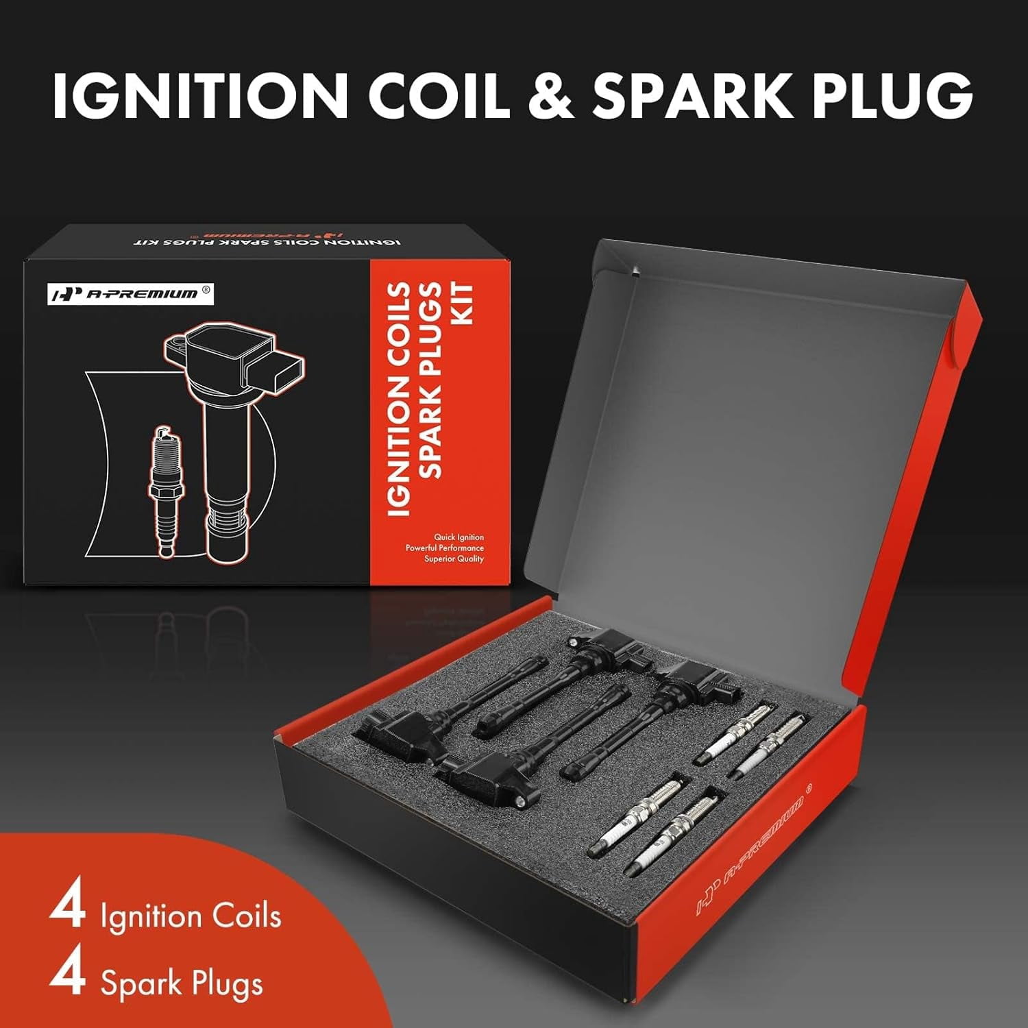 A-Premium Ignition Coils and Spark Plugs Kits Compatible with Nissan Juke 2011-2017 L4 1.6L, Replace# 224481KC0A, DILKAR7C9H 4-PC Set