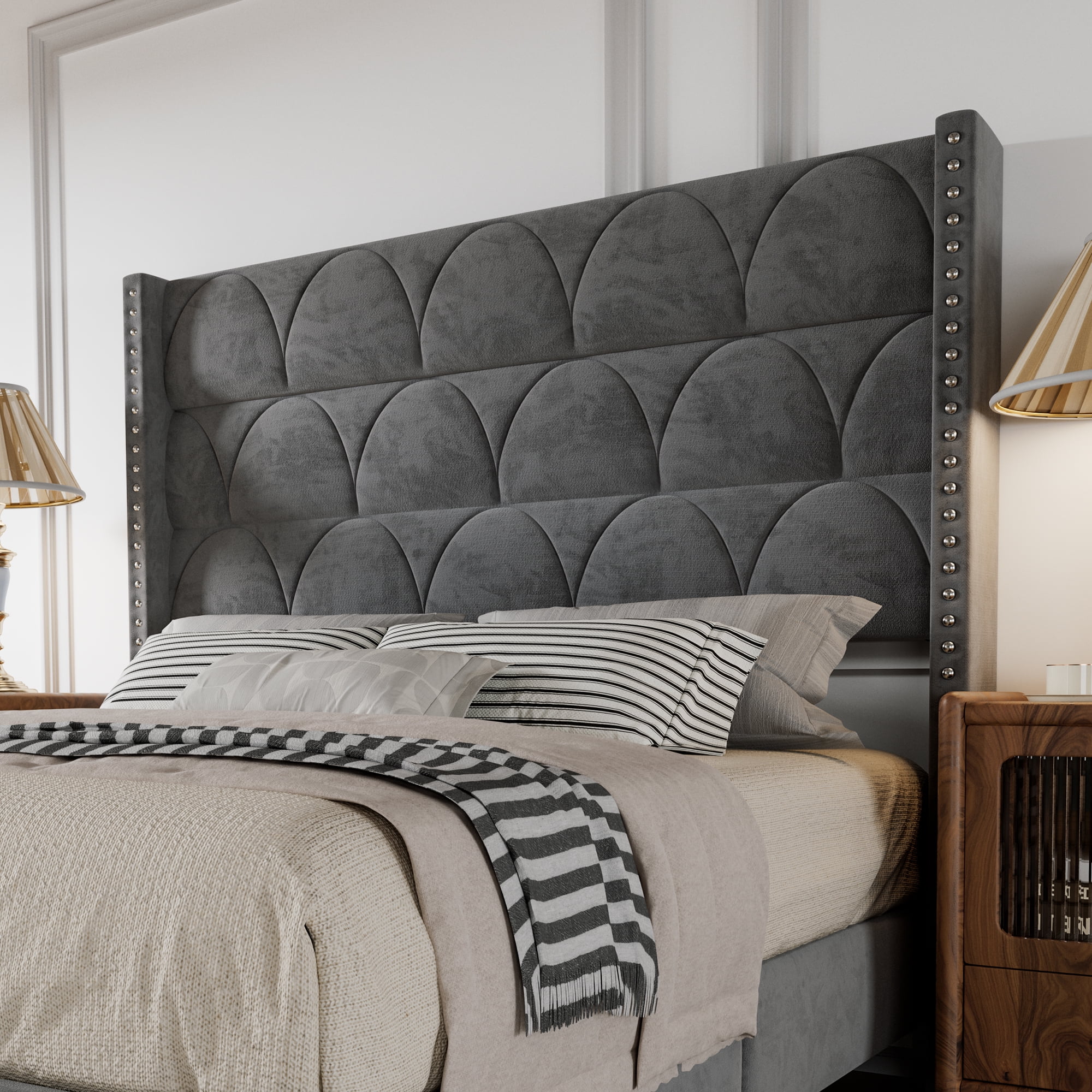 BrooveWave 56" High Back Velvet Upholstered Wingback Bed Headboard with Nailhead Trim, Adjustable Height Headboard for Queen Beds