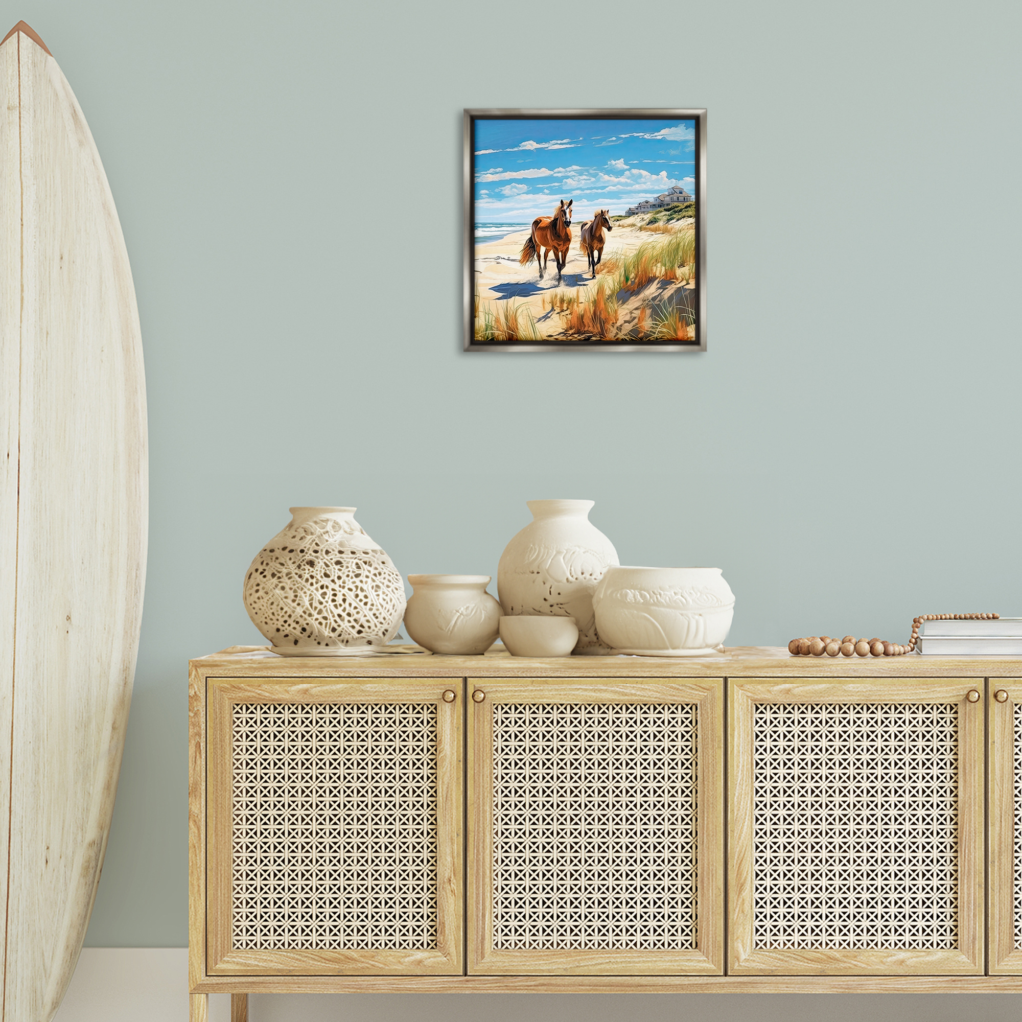 Stupell Industries Galloping Beach Horses Coastal Painting Gray Floater Framed Canvas Art Print Wall Art, 18 x 18