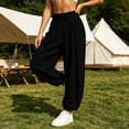 thumbnail image 2 of Women Solid Double Crinkle Elastic High Waist Jogger Pants, Side Pockets Loose Daily Casual Long Trousers Black M(M), 2 of 9