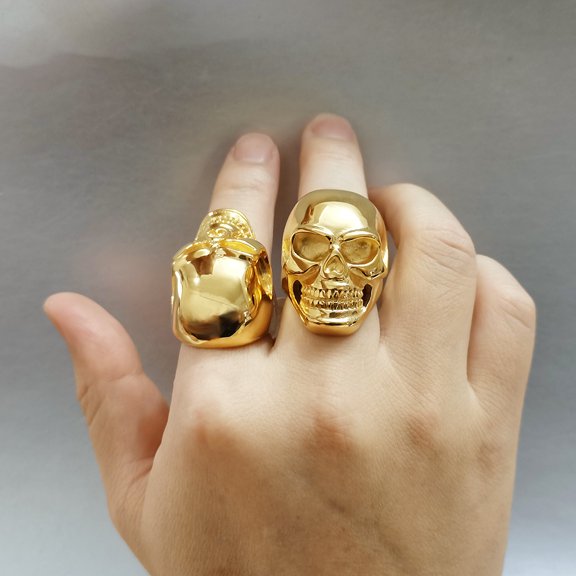 Punk Skeleton & Skull Head Rings Male 14K Yellow Gold Big Rings For Men Gothic Punk Fashion Halloween Jewelry Gift