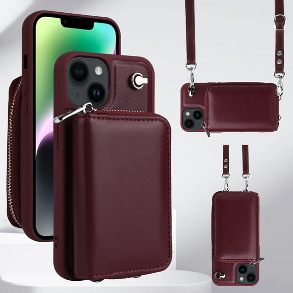 ShieldPlus Crossbody Wallet Case for iPhone 11, Soft PU Leather Detachable Zipper Handbag Purse Flip Cover Kickstand Folio Case with Card Slots Holder Lanyard, Winered