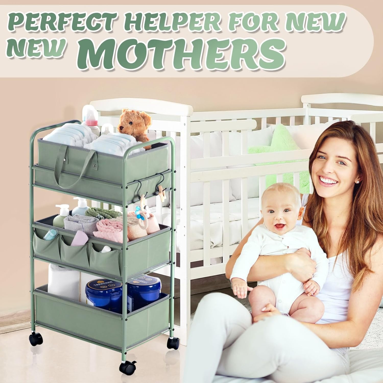 2in1 Baby Diaper Caddy Organizer Cart 3 Tier Large Capacity Metal Utility Bedside Rolling Cart with Divider Newborn Registry Nursery Essential Must Have Crib Bedroom Baby Shower(Colorful)