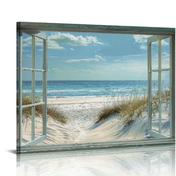 Orinice Window Beach Wall Art Prints: Modern Large Tropical Coastal Landscape Canvas Bedroom Blue Ocean Picture Relaxing Living Room Sea Scene Painting Horizontal Summer 20x16in