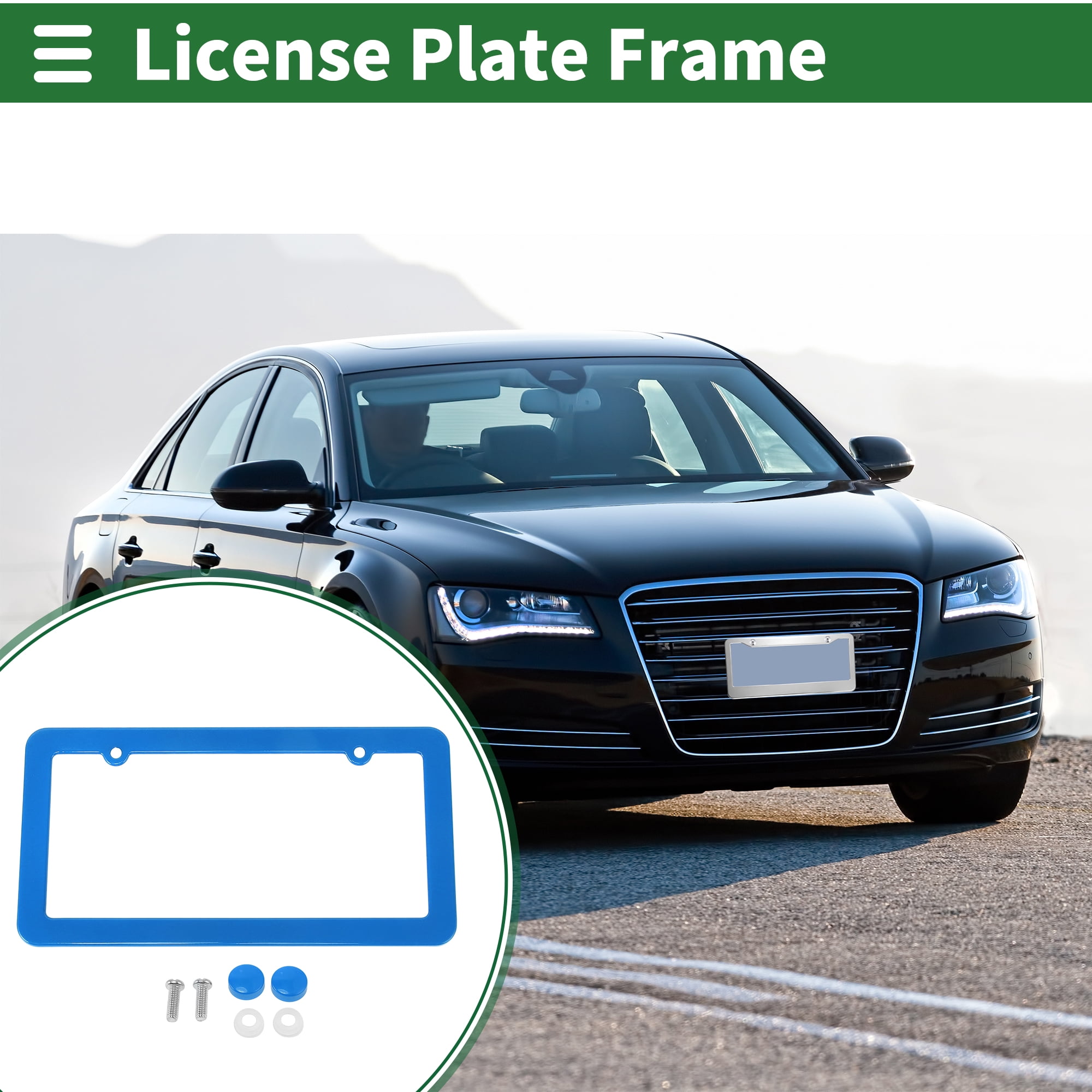 Unique Bargains Stainless License Plate Frame With Screws Caps 2 Hole Blue