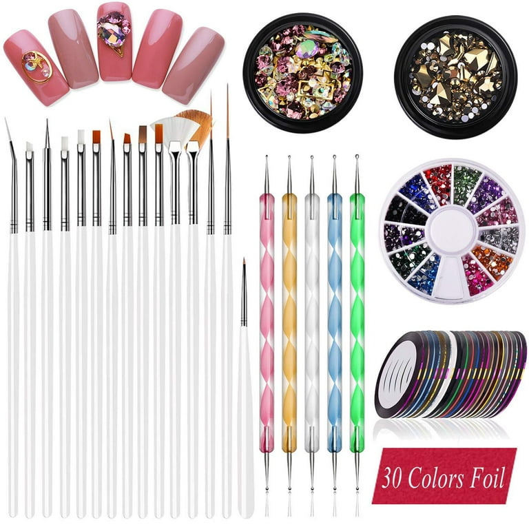 Spaidoon Nail Design Kit for Acrylic Nails Decoration with Nail Art Brushes Dotting Tool Nail Tape Strips Foil Flake Sticker Crystal Nail Rhinestones