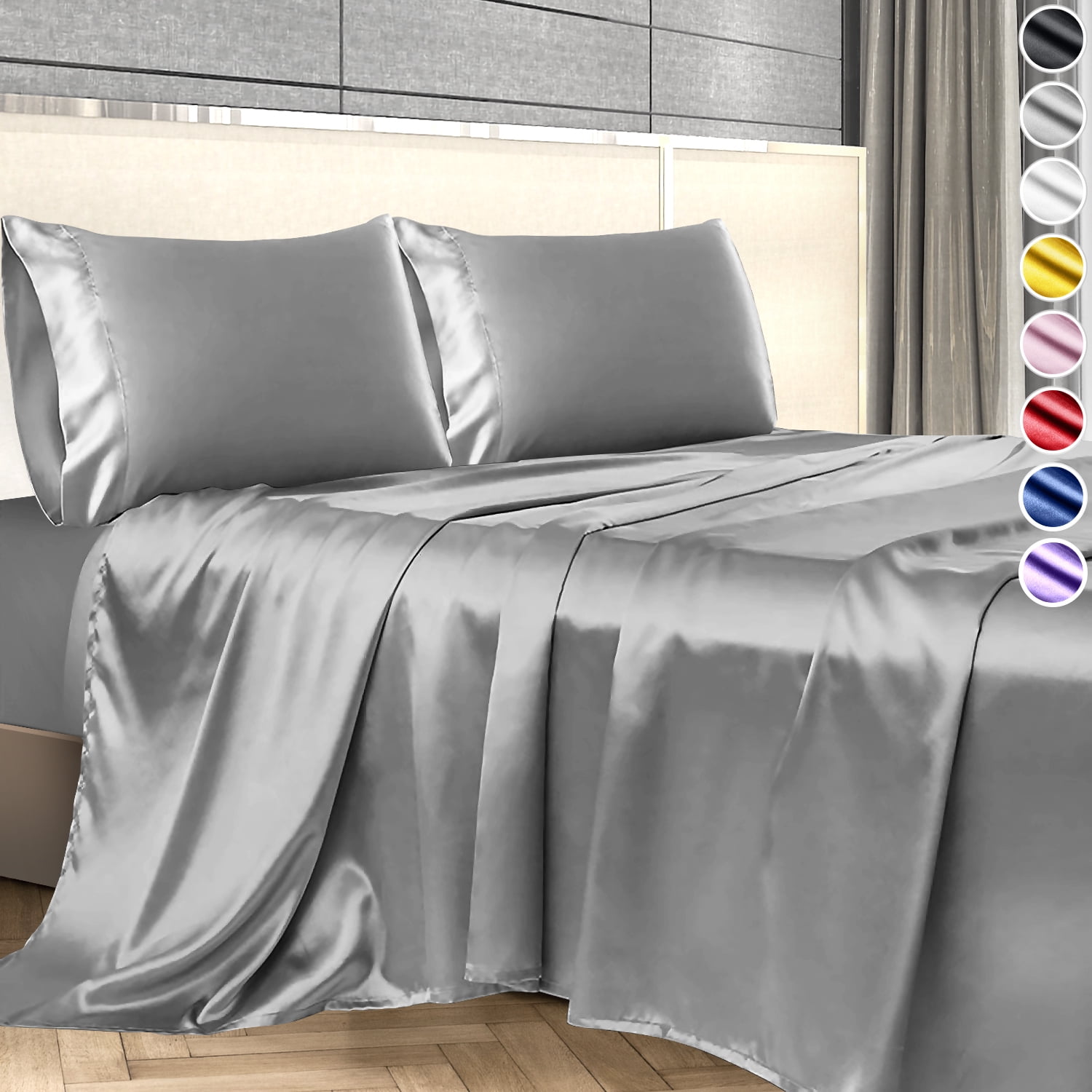 4-PC Gray Bridal Satin Silky Sheet Set Queen/King Size Flat Fitted Pillows 