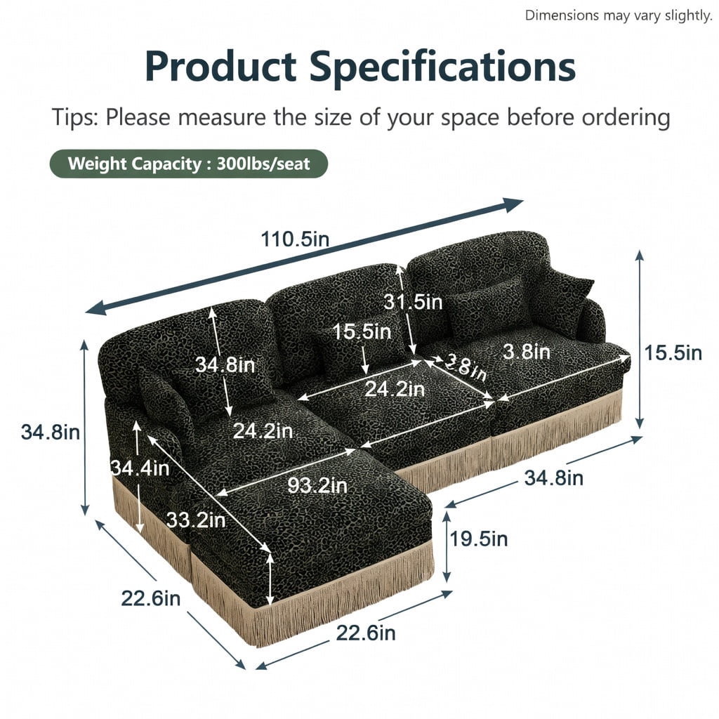 Hommoo 100" Modern Leopard Print Chenille L-Shaped Sofa Set with Movable Ottoman, Deep Seat & Tassel Trim, Easy Assembly, Ergonomic Support for Living Room, Green Black